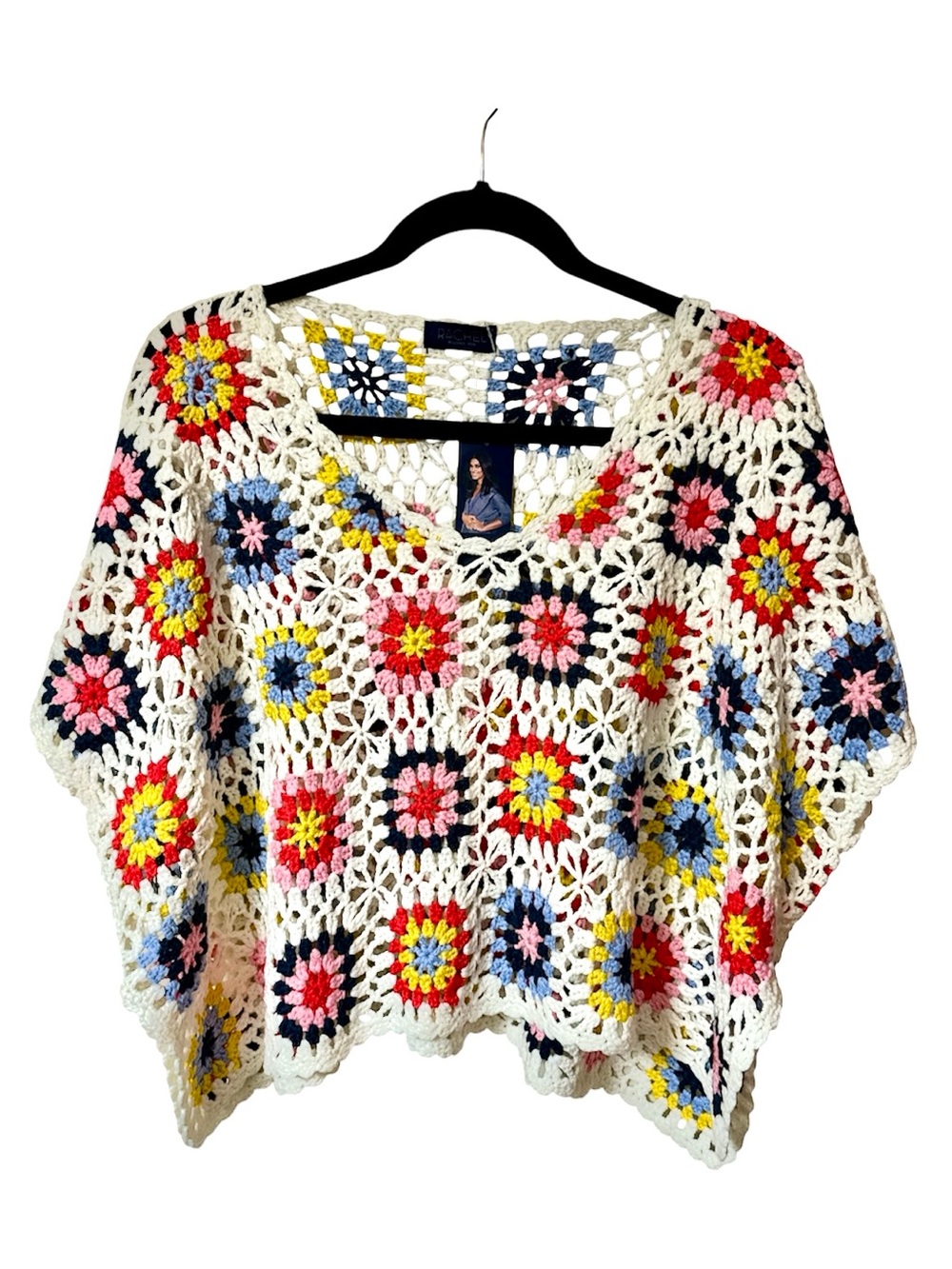 Rachel Rachel Roy Multicolor Crochet Granny Square Poncho Top Cover Up NWT OS